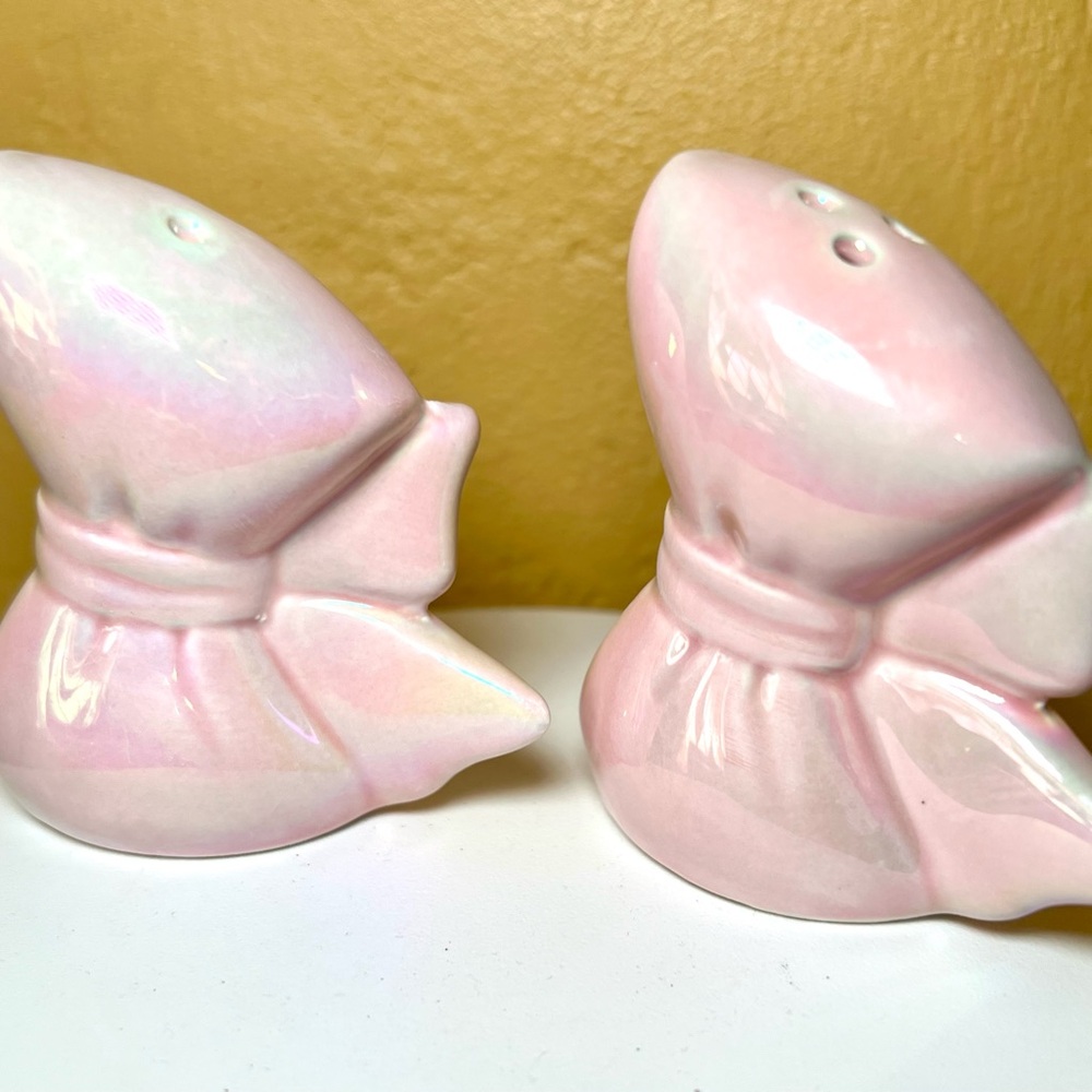 Ceramic Pink Ribbon Bows Salt and Pepper Shakers Opalescent